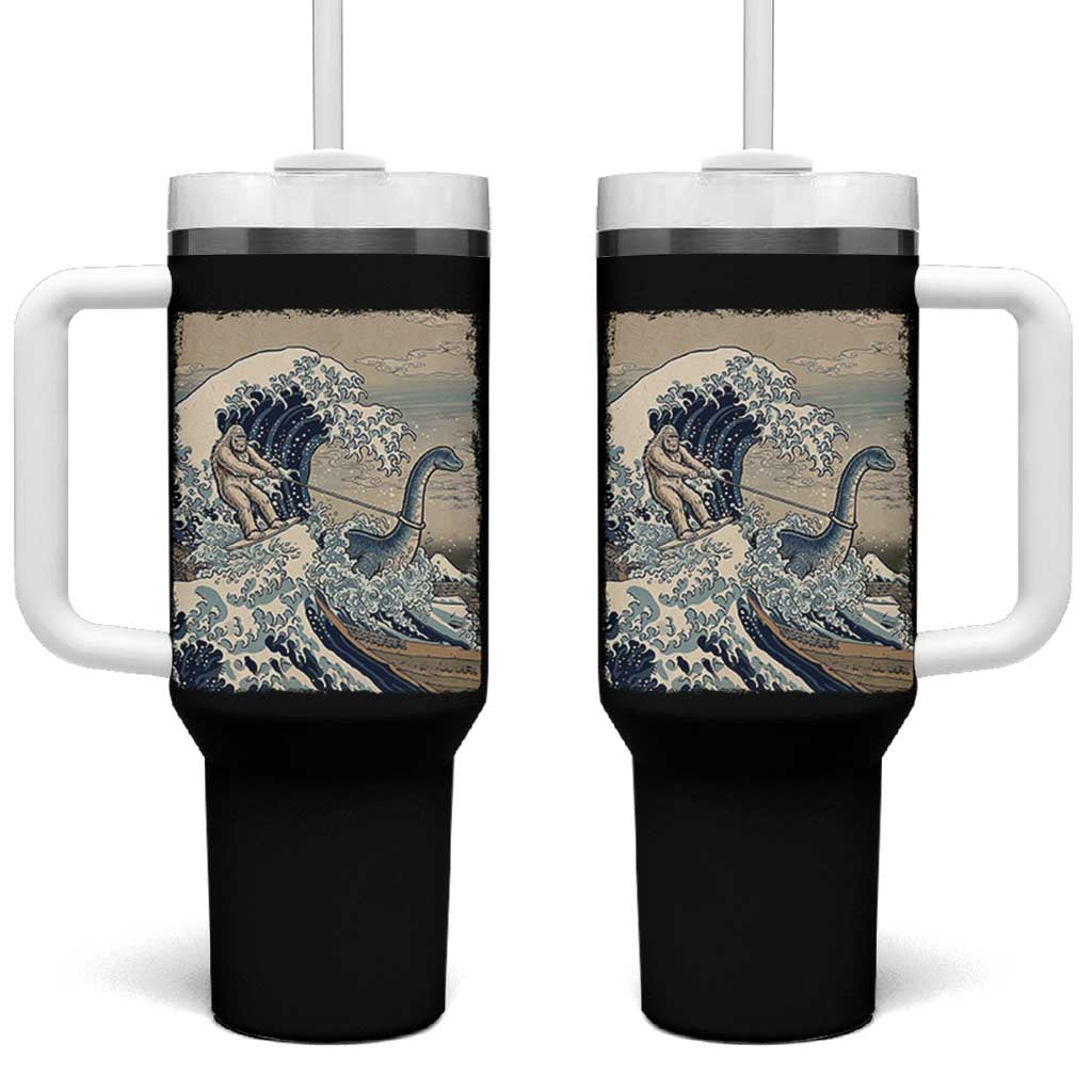 Funny Bigfoot Water Skiing Behind Nessie Tumbler With Handle Ukiyoe Inspired Wave Art