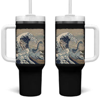 Funny Bigfoot Water Skiing Behind Nessie Tumbler With Handle Ukiyoe Inspired Wave Art