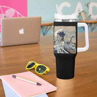 Funny Bigfoot Water Skiing Behind Nessie Tumbler With Handle Ukiyoe Inspired Wave Art