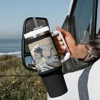 Funny Bigfoot Water Skiing Behind Nessie Tumbler With Handle Ukiyoe Inspired Wave Art