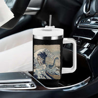 Funny Bigfoot Water Skiing Behind Nessie Tumbler With Handle Ukiyoe Inspired Wave Art