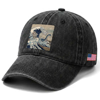 Funny Bigfoot Water Skiing Behind Nessie Washed Cotton Baseball Cap Ukiyoe Inspired Wave Art