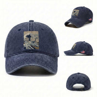 Funny Bigfoot Water Skiing Behind Nessie Washed Cotton Baseball Cap Ukiyoe Inspired Wave Art