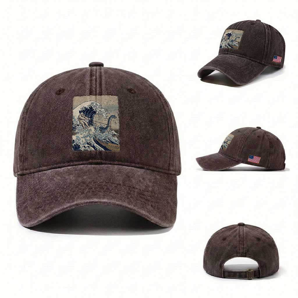 Funny Bigfoot Water Skiing Behind Nessie Washed Cotton Baseball Cap Ukiyoe Inspired Wave Art