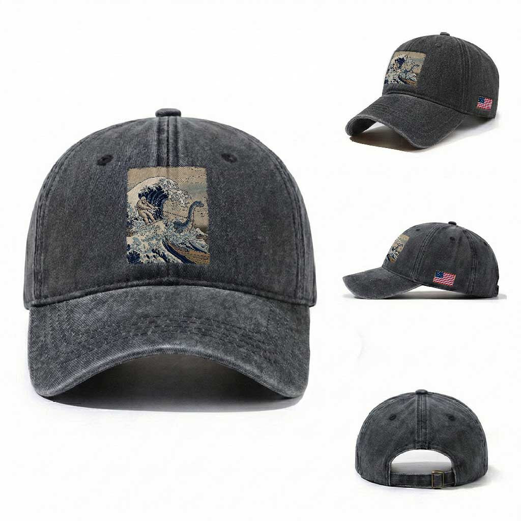 Funny Bigfoot Water Skiing Behind Nessie Washed Cotton Baseball Cap Ukiyoe Inspired Wave Art