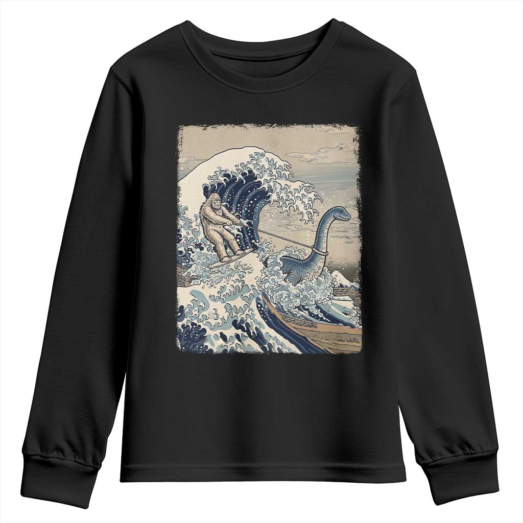Funny Bigfoot Water Skiing Behind Nessie Youth Sweatshirt Ukiyoe Inspired Wave Art