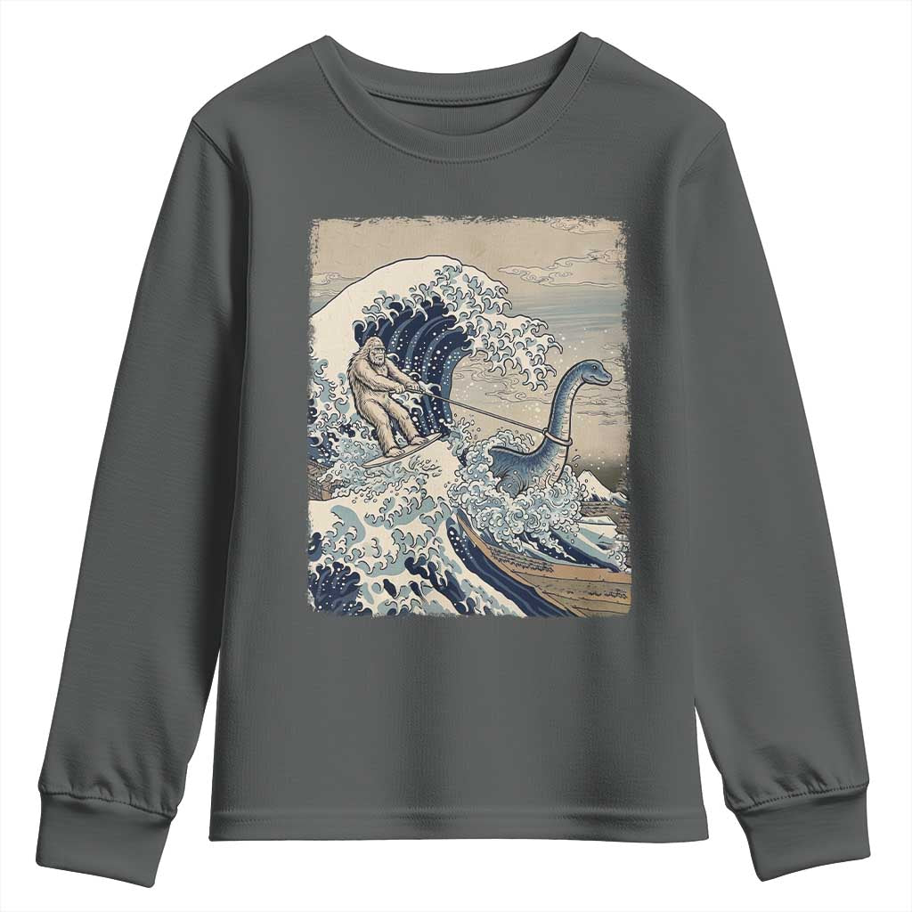 Funny Bigfoot Water Skiing Behind Nessie Youth Sweatshirt Ukiyoe Inspired Wave Art