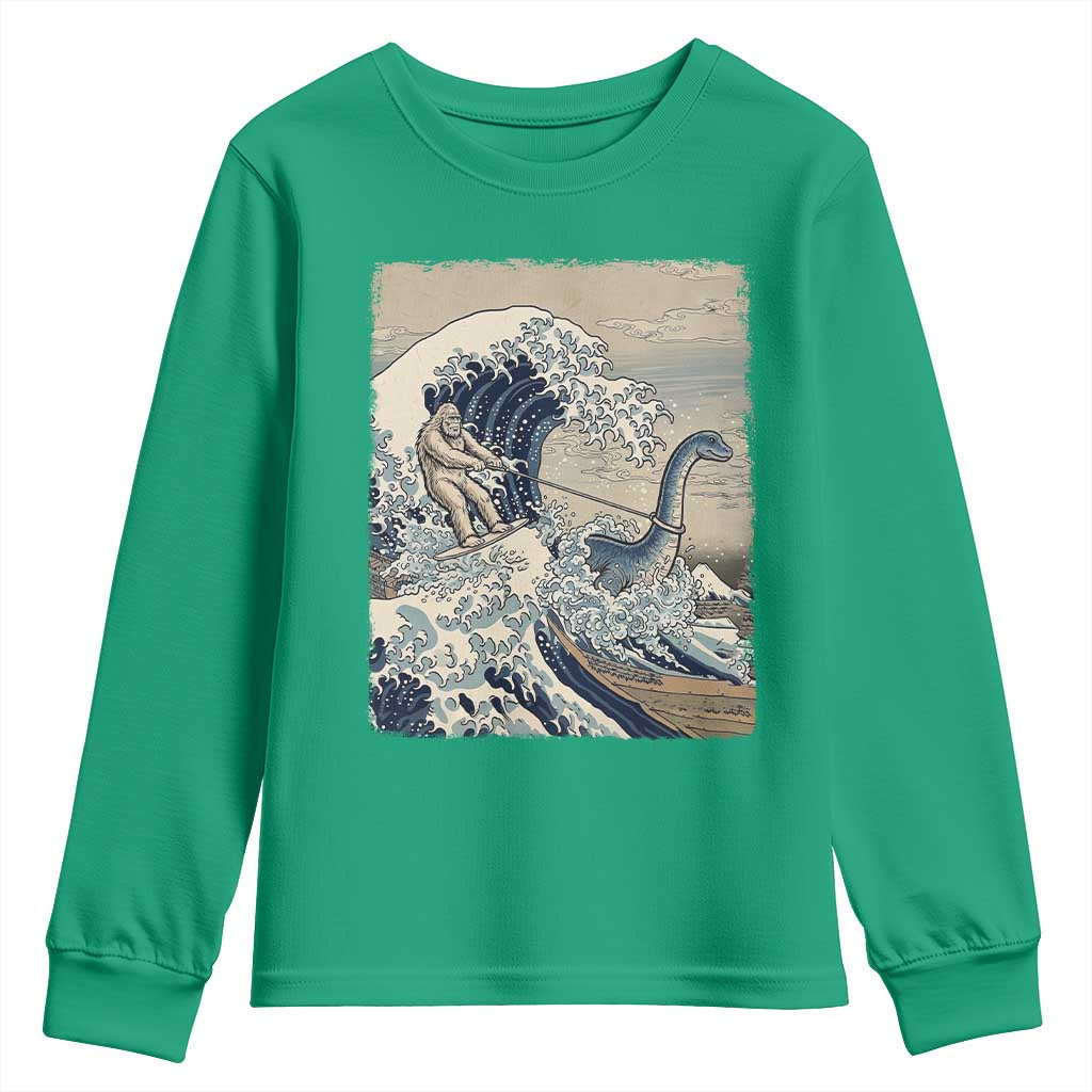 Funny Bigfoot Water Skiing Behind Nessie Youth Sweatshirt Ukiyoe Inspired Wave Art