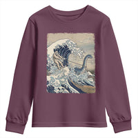 Funny Bigfoot Water Skiing Behind Nessie Youth Sweatshirt Ukiyoe Inspired Wave Art
