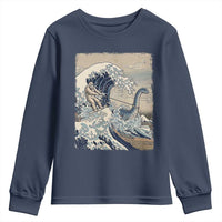 Funny Bigfoot Water Skiing Behind Nessie Youth Sweatshirt Ukiyoe Inspired Wave Art