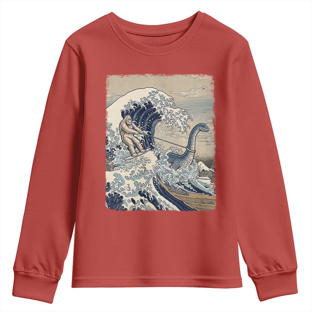 Funny Bigfoot Water Skiing Behind Nessie Youth Sweatshirt Ukiyoe Inspired Wave Art