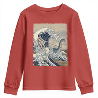 Funny Bigfoot Water Skiing Behind Nessie Youth Sweatshirt Ukiyoe Inspired Wave Art