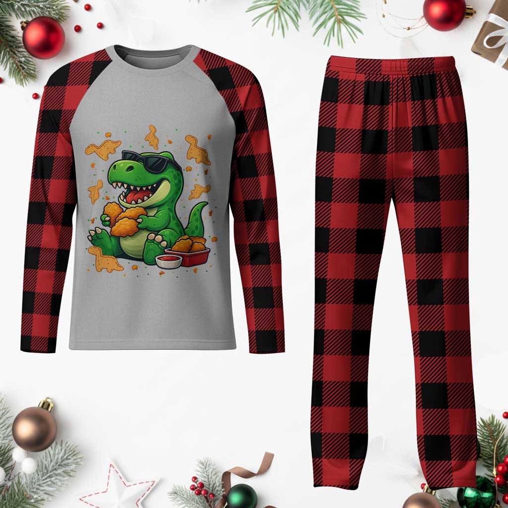 Funny Dinosaur Eating Chicken Nuggets Plaid Pajama Set Food Lover Gift - Wonder Print Shop