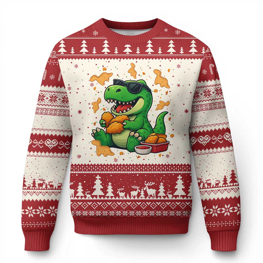Funny Dinosaur Eating Chicken Nuggets Ugly Christmas Sweater Food Lover Gift - Wonder Print Shop
