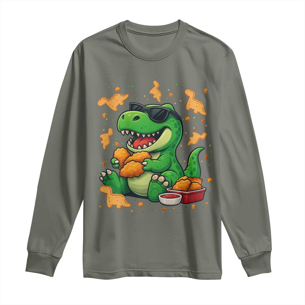 Funny Dinosaur Eating Chicken Nuggets Long Sleeve Shirt Food Lover Gift - Wonder Print Shop