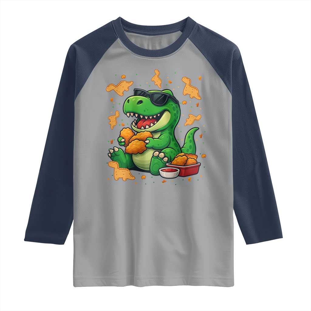 Funny Dinosaur Eating Chicken Nuggets Raglan Shirt Food Lover Gift - Wonder Print Shop