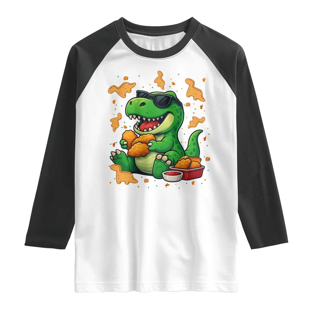Funny Dinosaur Eating Chicken Nuggets Raglan Shirt Food Lover Gift - Wonder Print Shop