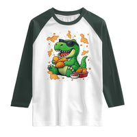 Funny Dinosaur Eating Chicken Nuggets Raglan Shirt Food Lover Gift - Wonder Print Shop