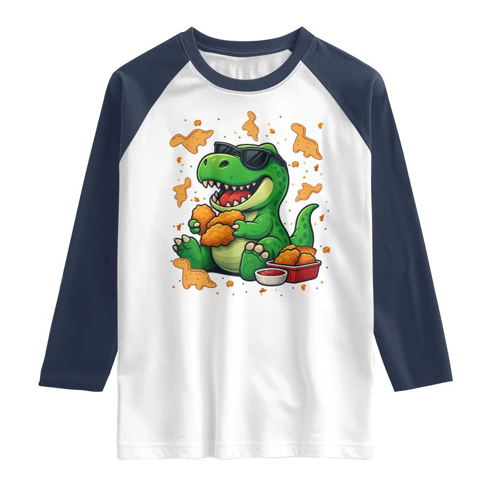 Funny Dinosaur Eating Chicken Nuggets Raglan Shirt Food Lover Gift - Wonder Print Shop