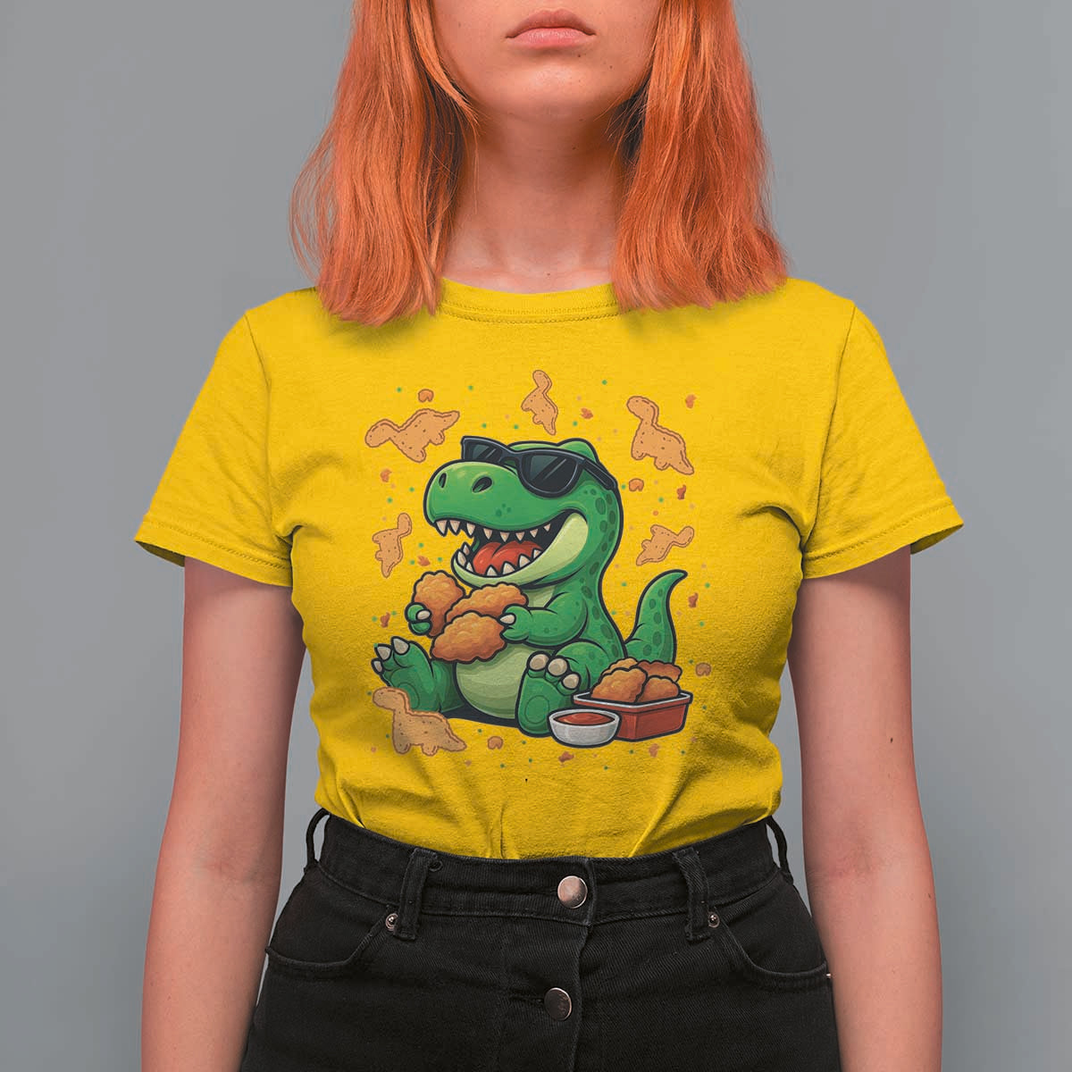 Funny Dinosaur Eating Chicken Nuggets T Shirt For Women Food Lover Gift - Wonder Print Shop