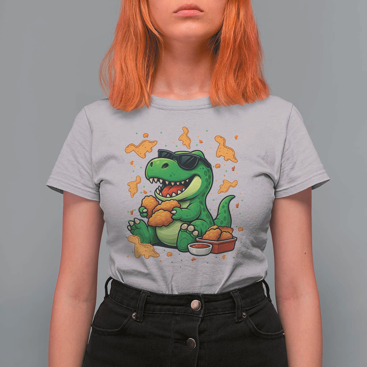 Funny Dinosaur Eating Chicken Nuggets T Shirt For Women Food Lover Gift - Wonder Print Shop