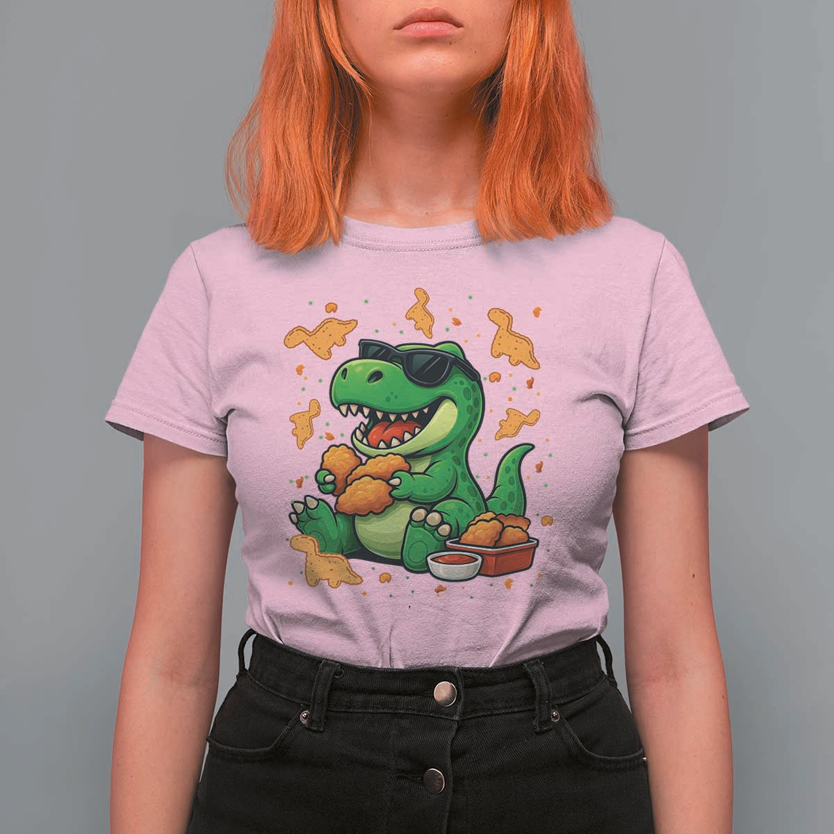 Funny Dinosaur Eating Chicken Nuggets T Shirt For Women Food Lover Gift - Wonder Print Shop