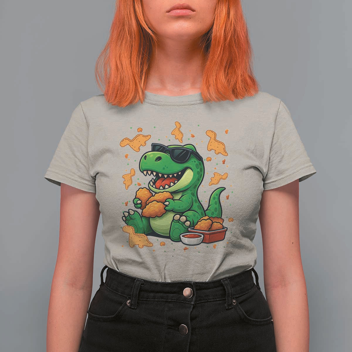 Funny Dinosaur Eating Chicken Nuggets T Shirt For Women Food Lover Gift - Wonder Print Shop