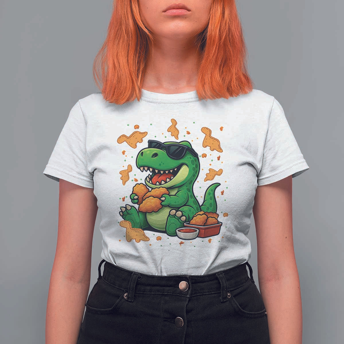 Funny Dinosaur Eating Chicken Nuggets T Shirt For Women Food Lover Gift - Wonder Print Shop