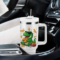 Funny Dinosaur Eating Chicken Nuggets Tumbler With Handle Food Lover Gift