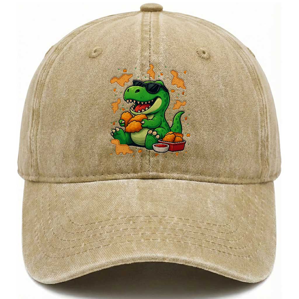Funny Dinosaur Eating Chicken Nuggets Washed Cotton Baseball Cap Food Lover Gift
