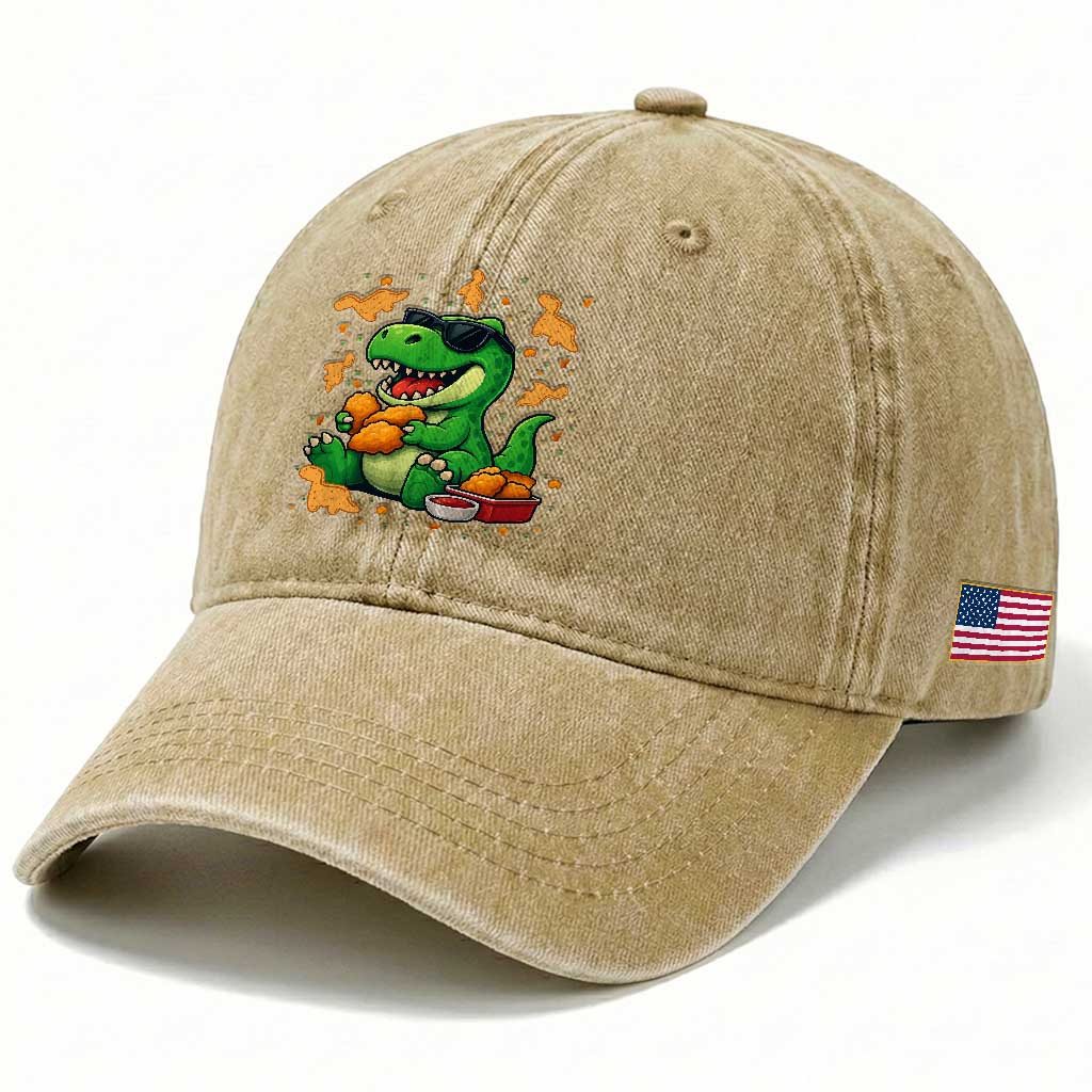 Funny Dinosaur Eating Chicken Nuggets Washed Cotton Baseball Cap Food Lover Gift