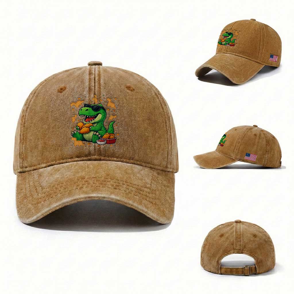 Funny Dinosaur Eating Chicken Nuggets Washed Cotton Baseball Cap Food Lover Gift