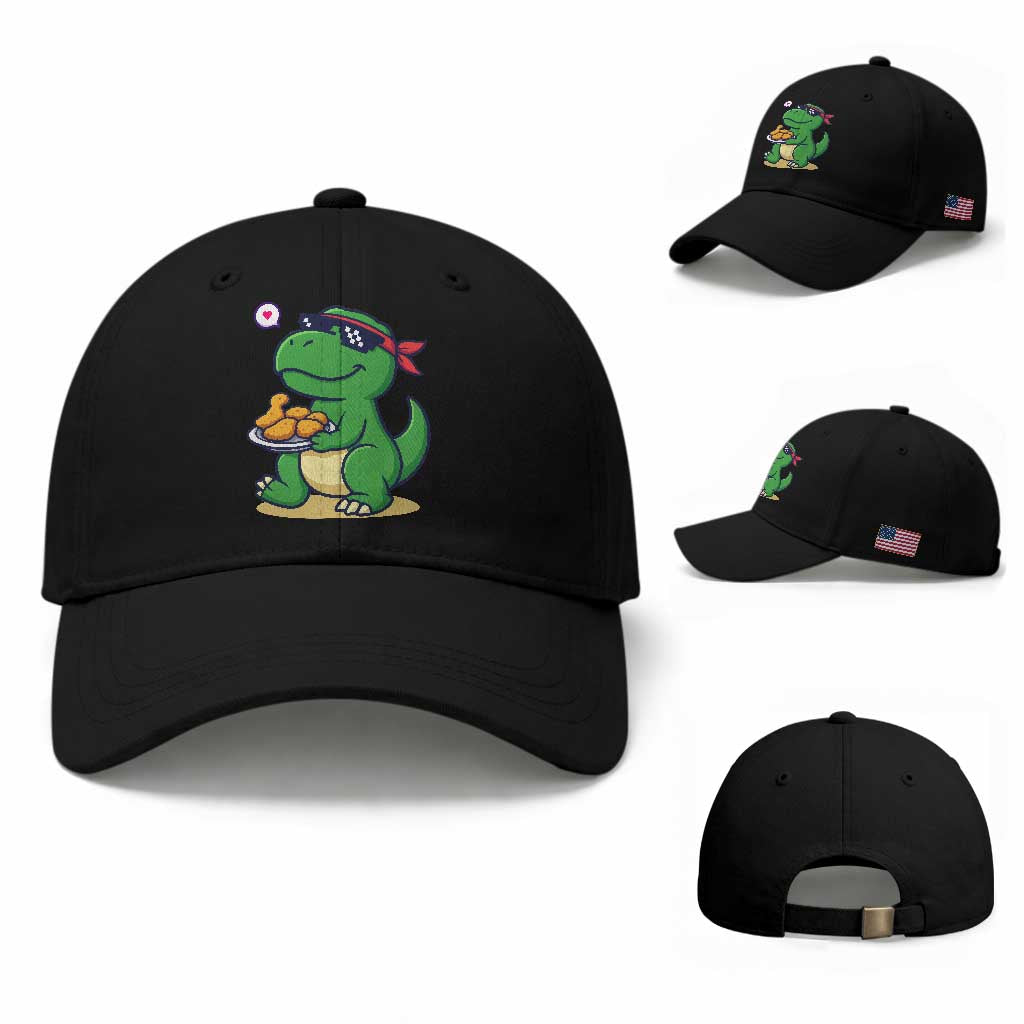 Cute Dinosaur Eating Chicken Nuggets Baseball Cap Food Humor Gift