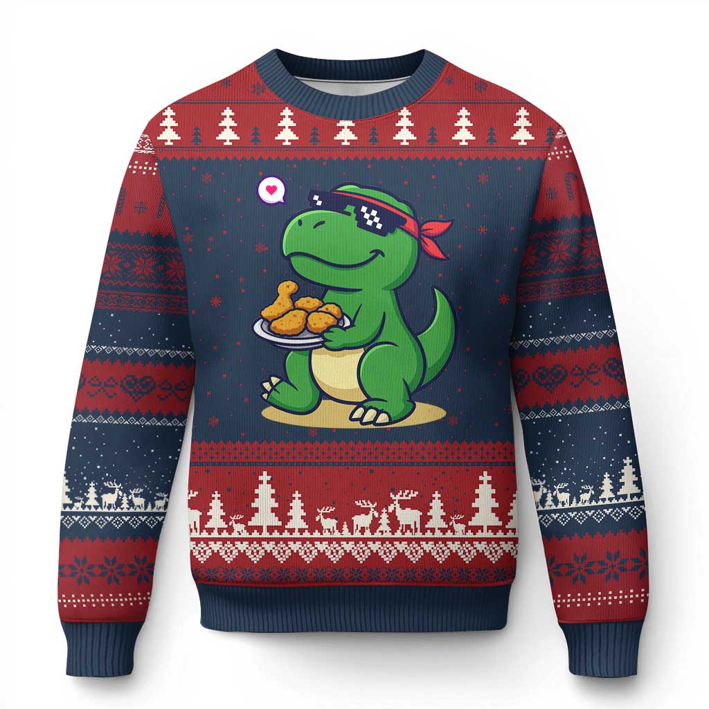 Cute Dinosaur Eating Chicken Nuggets Ugly Christmas Sweater Food Humor Gift - Wonder Print Shop