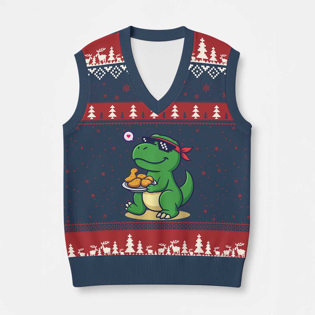 Cute Dinosaur Eating Chicken Nuggets V-Neck Knit Sweater Vest Food Humor Gift - Wonder Print Shop