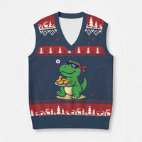 Cute Dinosaur Eating Chicken Nuggets V-Neck Knit Sweater Vest Food Humor Gift - Wonder Print Shop