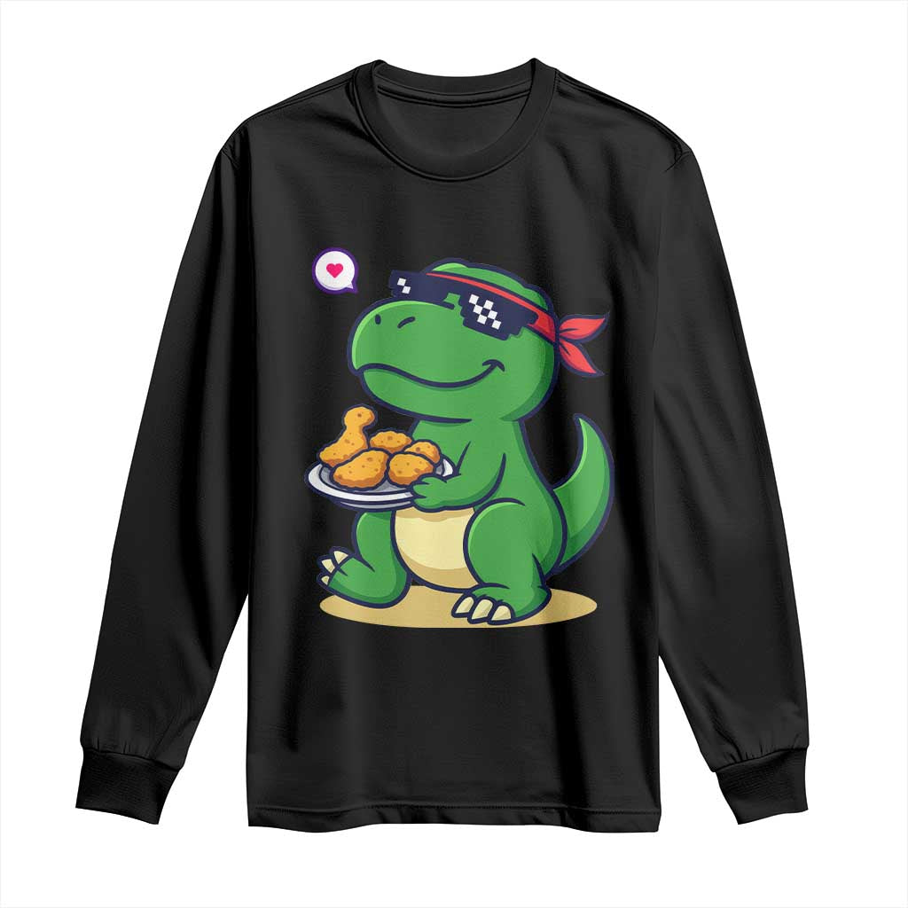 Cute Dinosaur Eating Chicken Nuggets Long Sleeve Shirt Food Humor Gift - Wonder Print Shop
