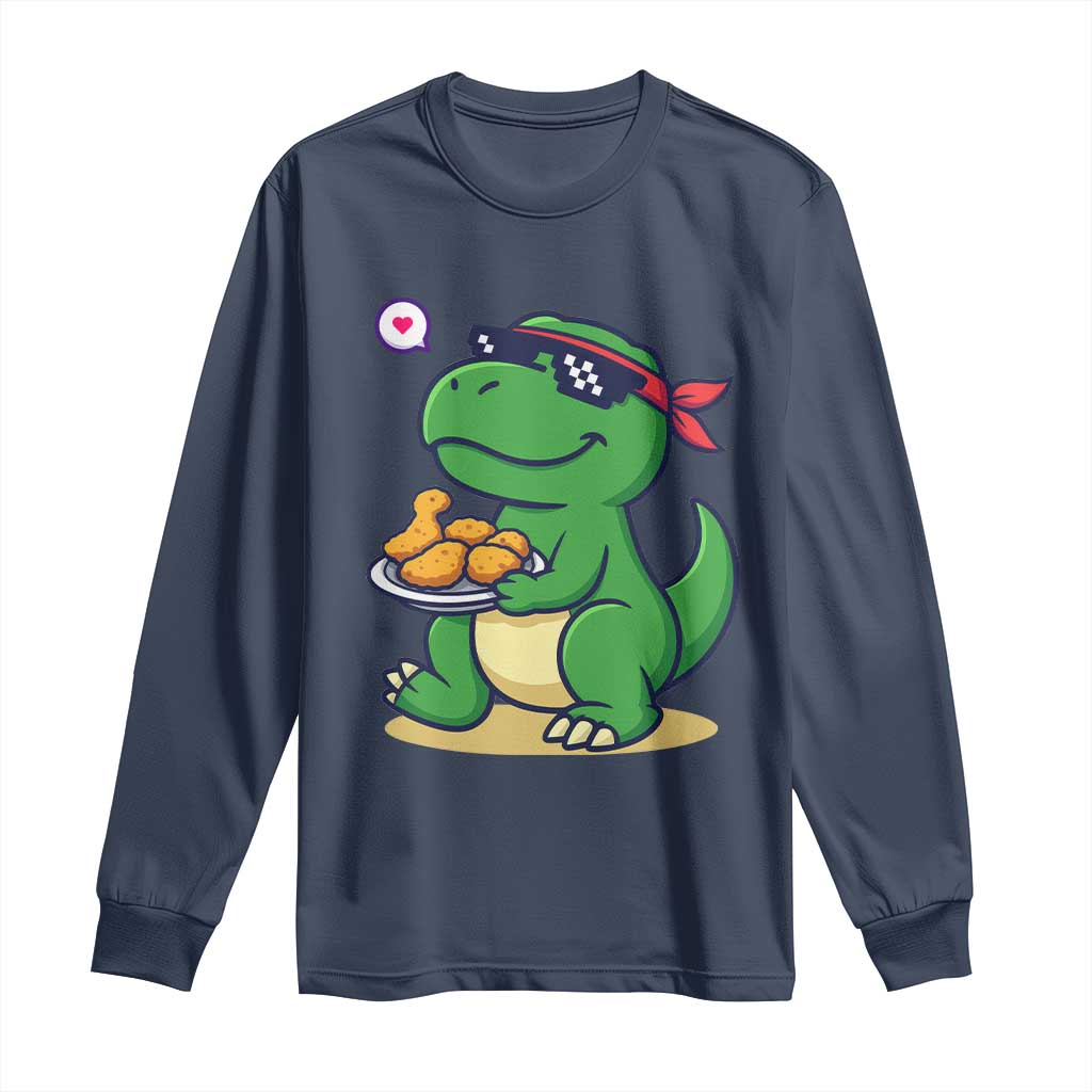 Cute Dinosaur Eating Chicken Nuggets Long Sleeve Shirt Food Humor Gift - Wonder Print Shop