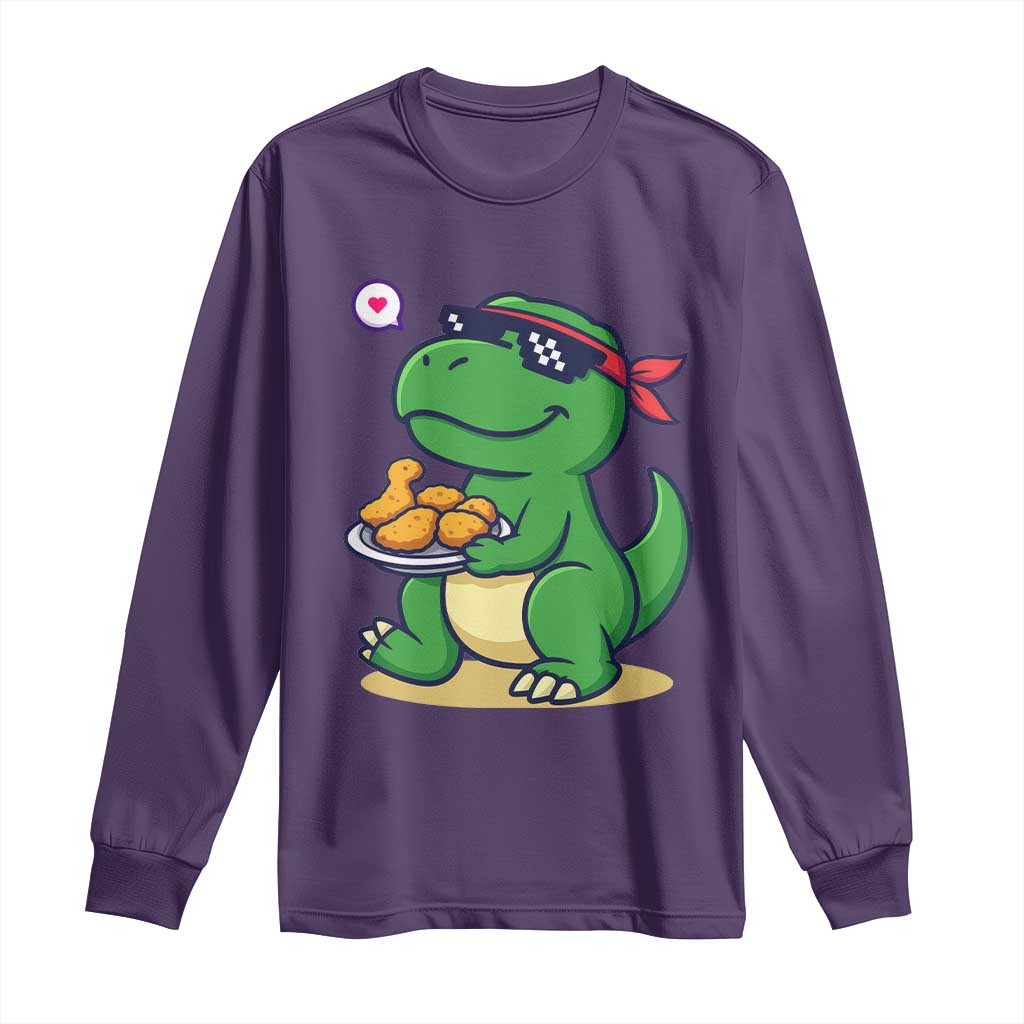 Cute Dinosaur Eating Chicken Nuggets Long Sleeve Shirt Food Humor Gift - Wonder Print Shop