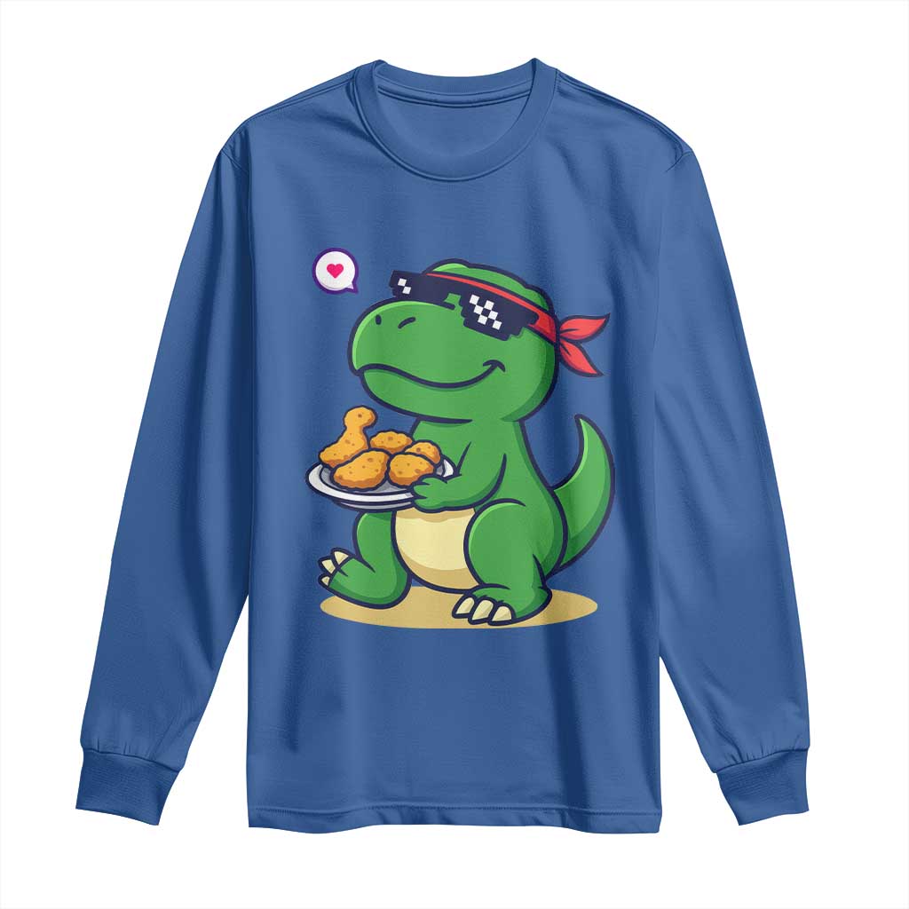 Cute Dinosaur Eating Chicken Nuggets Long Sleeve Shirt Food Humor Gift - Wonder Print Shop