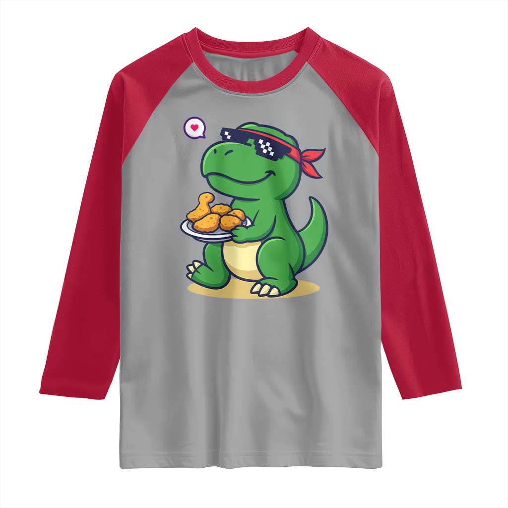 Cute Dinosaur Eating Chicken Nuggets Raglan Shirt Food Humor Gift - Wonder Print Shop