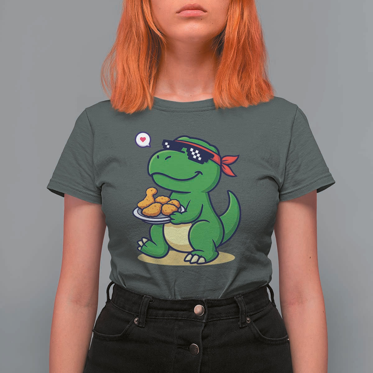 Cute Dinosaur Eating Chicken Nuggets T Shirt For Women Food Humor Gift - Wonder Print Shop