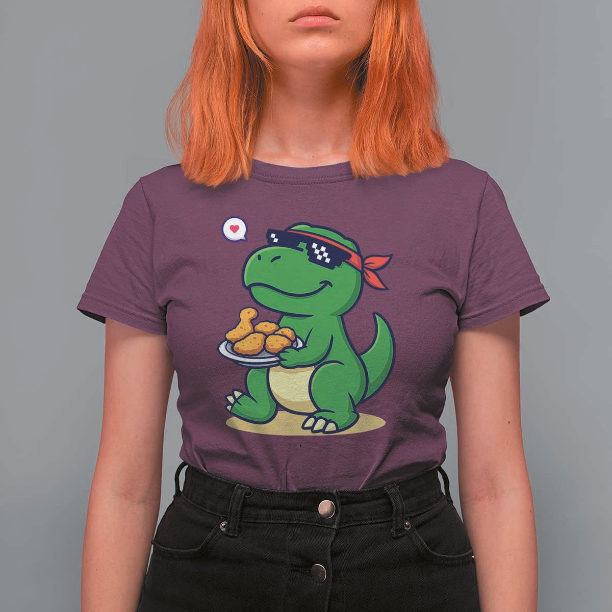 Cute Dinosaur Eating Chicken Nuggets T Shirt For Women Food Humor Gift - Wonder Print Shop