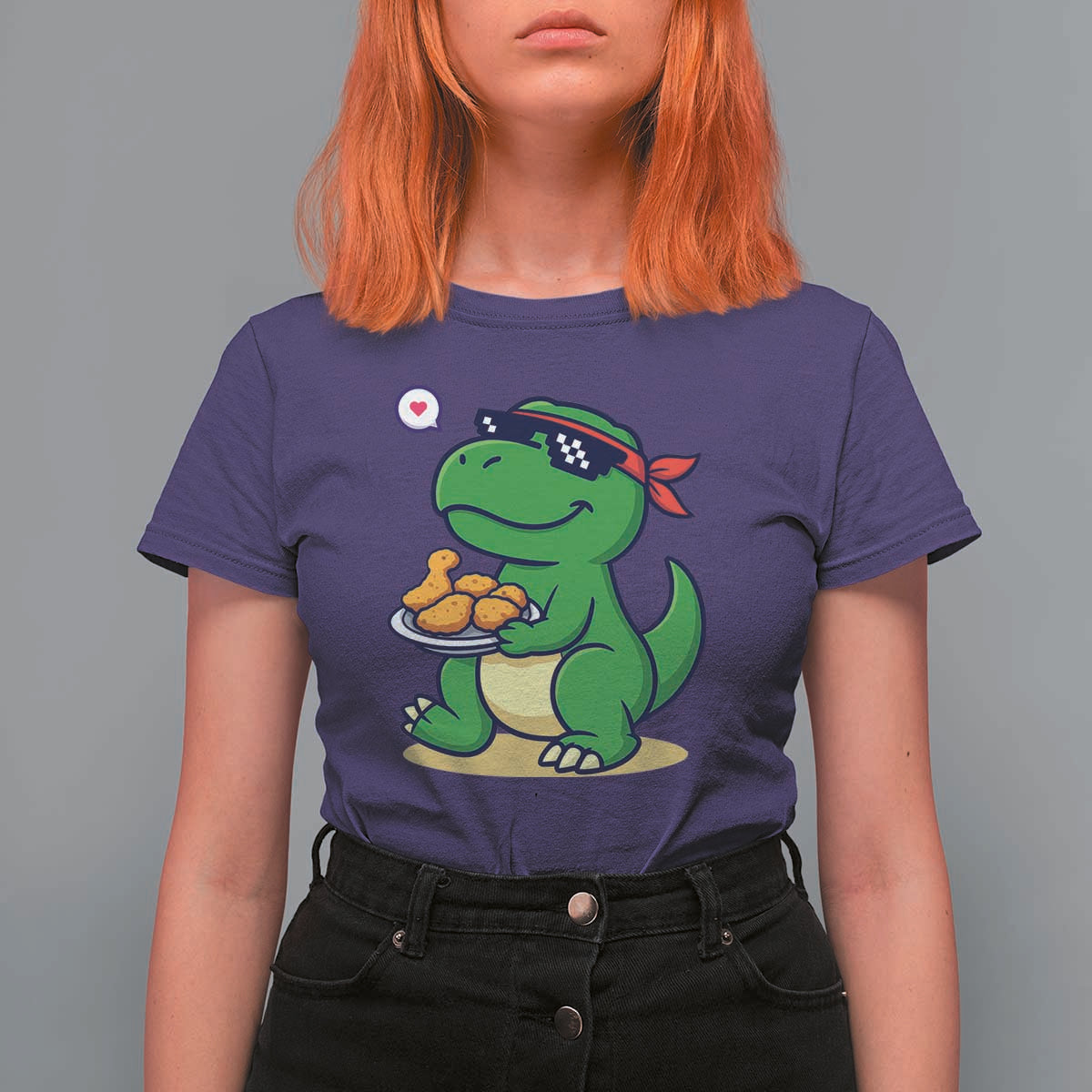 Cute Dinosaur Eating Chicken Nuggets T Shirt For Women Food Humor Gift - Wonder Print Shop