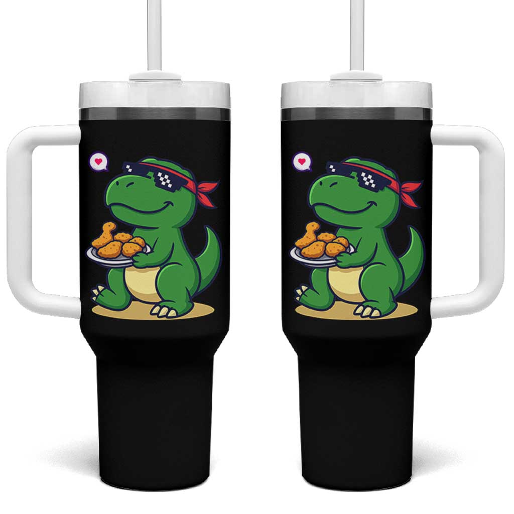 Cute Dinosaur Eating Chicken Nuggets Tumbler With Handle Food Humor Gift