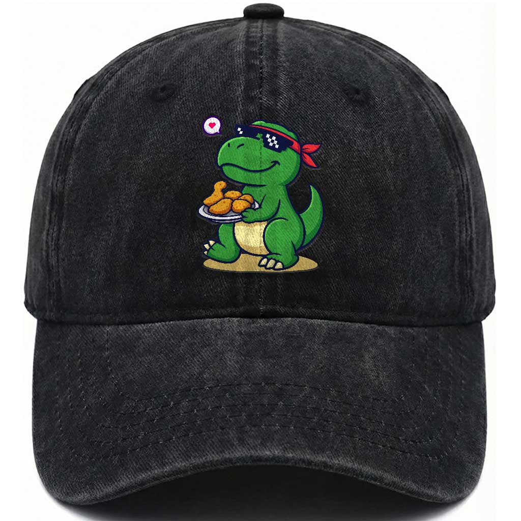 Cute Dinosaur Eating Chicken Nuggets Washed Cotton Baseball Cap Food Humor Gift