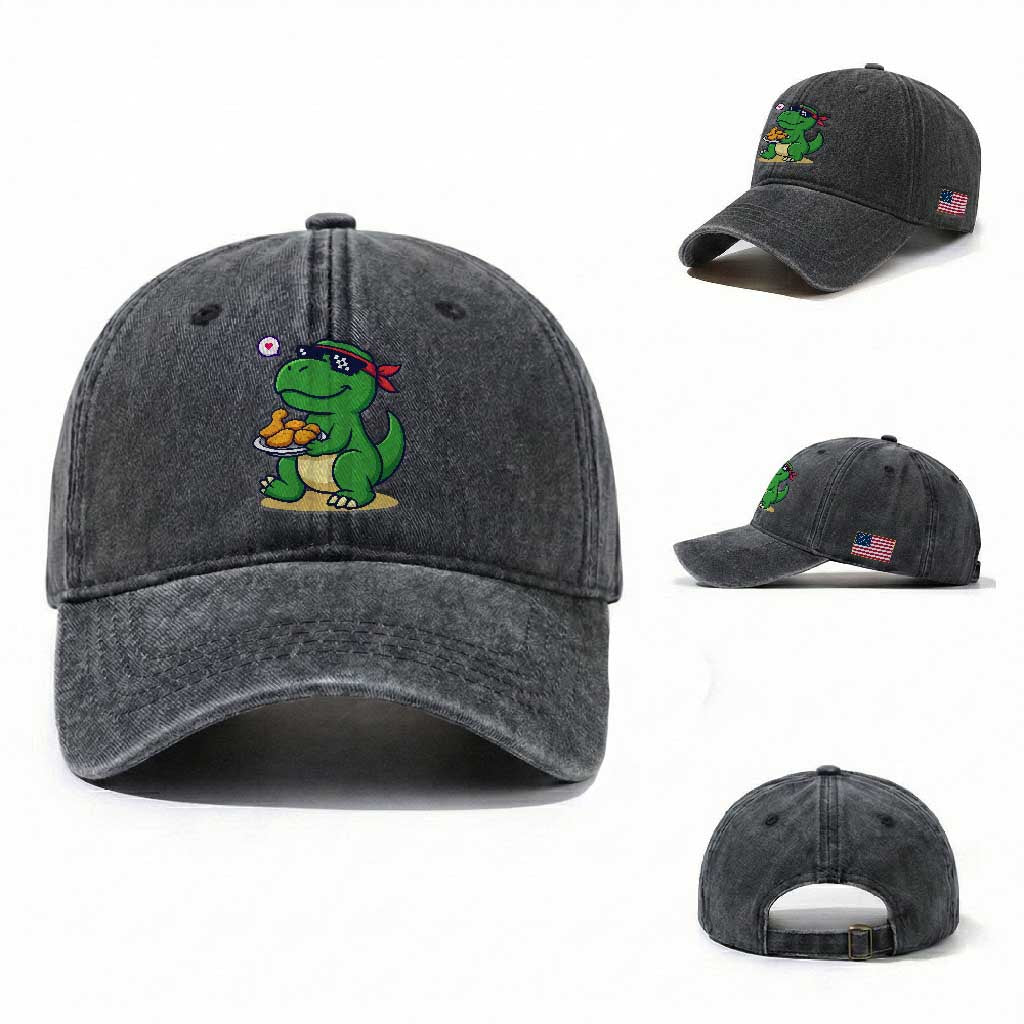 Cute Dinosaur Eating Chicken Nuggets Washed Cotton Baseball Cap Food Humor Gift