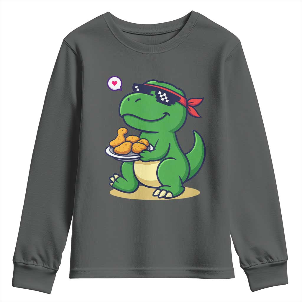 Cute Dinosaur Eating Chicken Nuggets Youth Sweatshirt Food Humor Gift - Wonder Print Shop