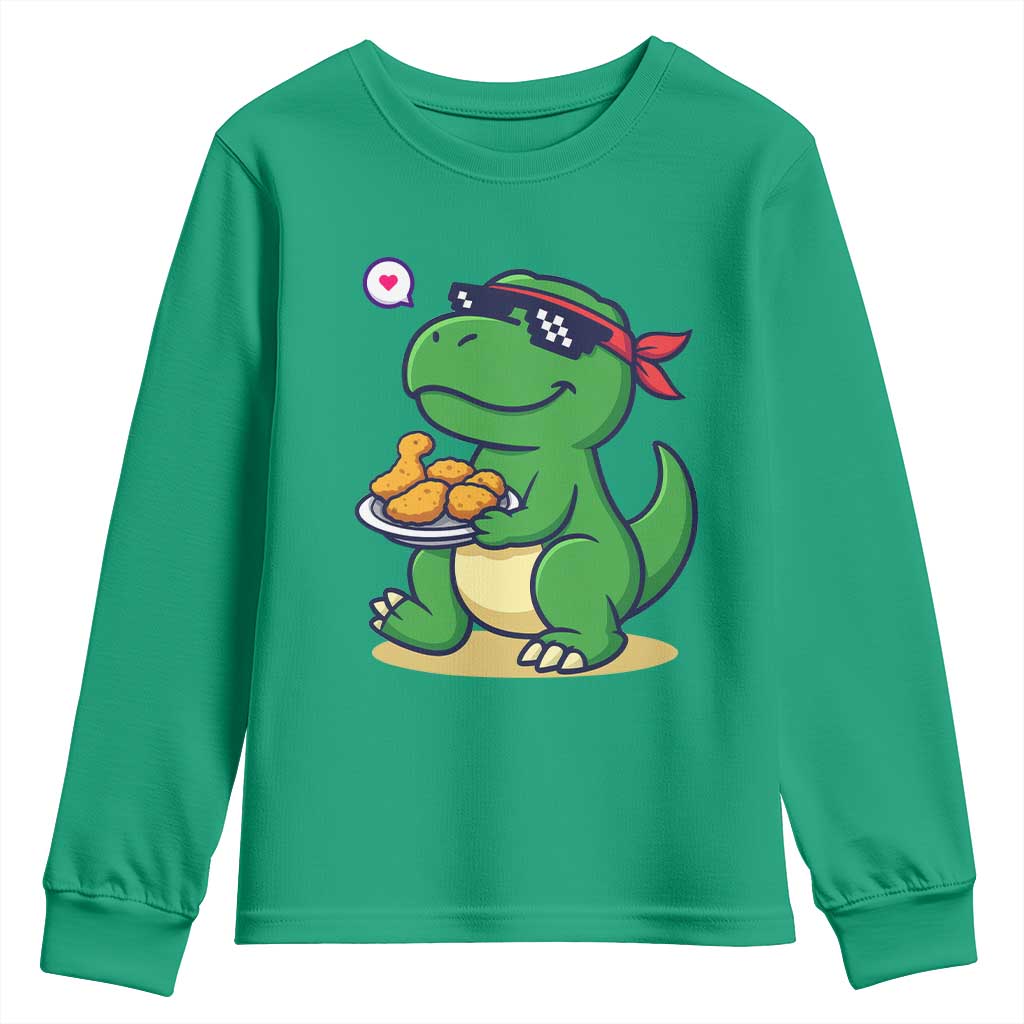 Cute Dinosaur Eating Chicken Nuggets Youth Sweatshirt Food Humor Gift - Wonder Print Shop