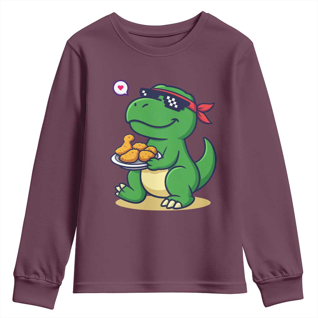 Cute Dinosaur Eating Chicken Nuggets Youth Sweatshirt Food Humor Gift - Wonder Print Shop